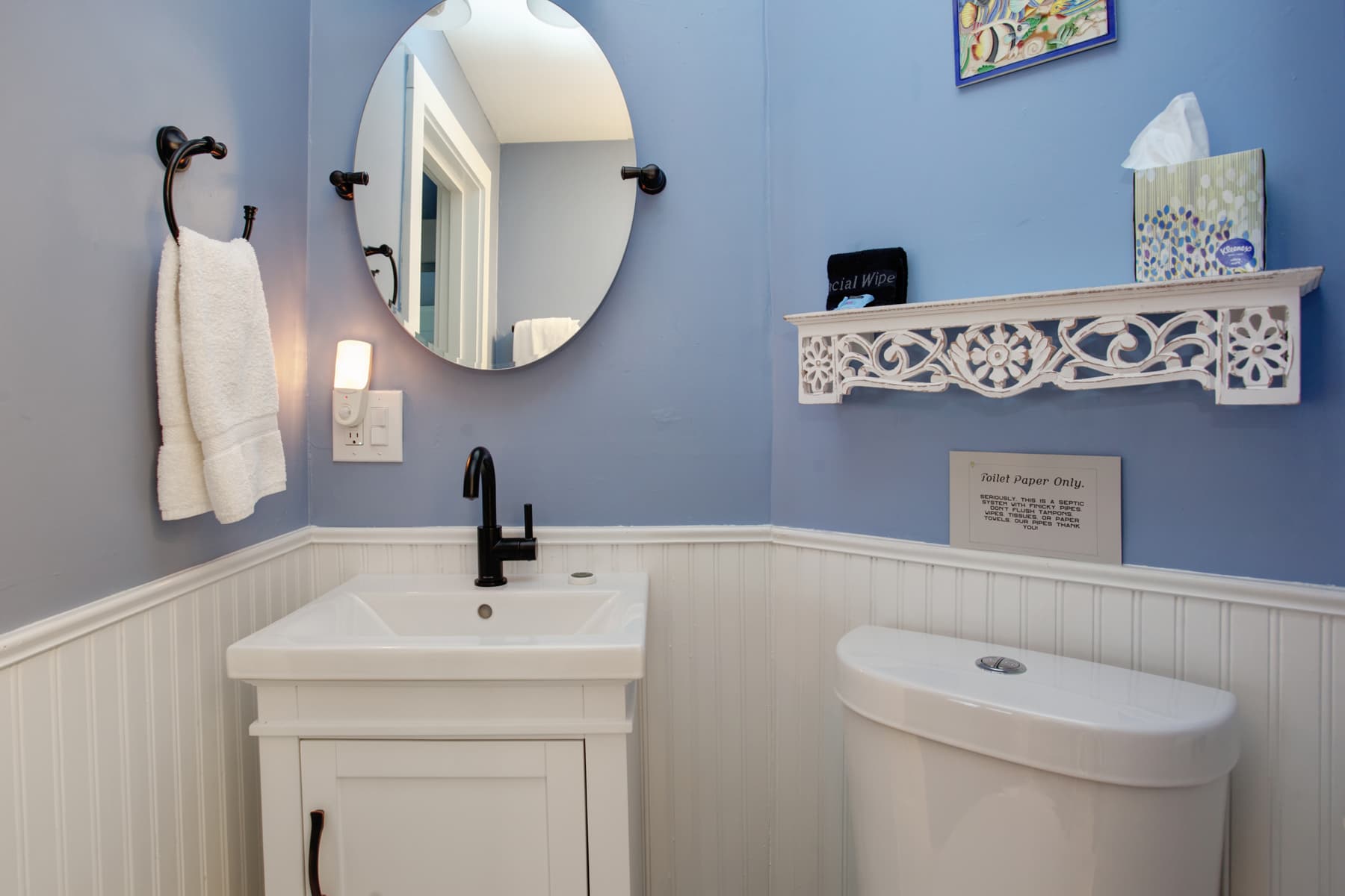 Bathroom with blue walls and white wainscoting, sink, toilet, and decorative shelf
