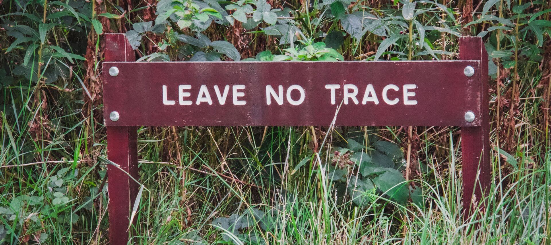 A sign in a grassy area reads "LEAVE NO TRACE."